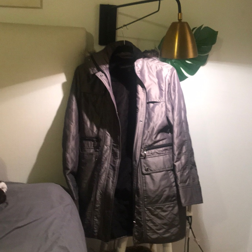 Petite grey jacket with fur collar.